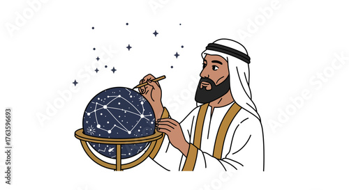 Middle eastern astronomer in traditional attire studying a celestial globe with constellations