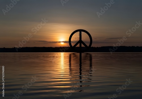 Serene Sunset Silhouette: Peace Symbol Reflecting on Calm Water