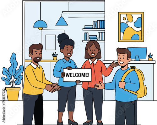 Diverse Group of People Welcoming a Newcomer with a Welcome Sign.