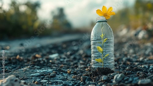 Flower Growing from Bottle on Gravel Roadside