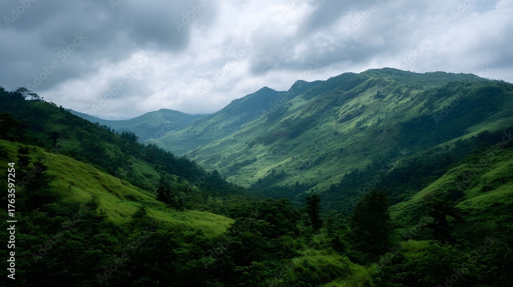 Fototapeta premium A scenic vista of lush green mountains and valleys under a dramatic overcast sky