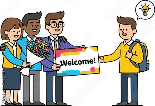 Diverse Group Welcomes Newcomer with Flowers and Welcome Sign.