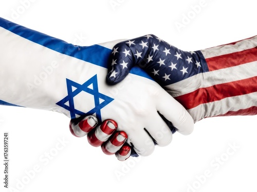 Handshake between Israel and United States represented by flag-painted hands and suit sleeves, symbolizing diplomacy, international agreement, and bilateral cooperation.