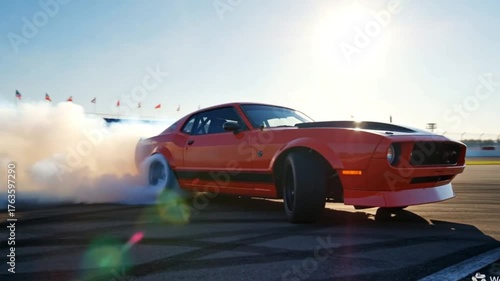 A race car performs a powerful drift burnout, creating thick smoke as it celebrates victory with speed and precision.