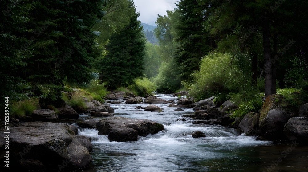 Fototapeta premium A clear fast flowing river navigates a rocky bed amidst a dense green forest with tall trees and overgrown vegetation