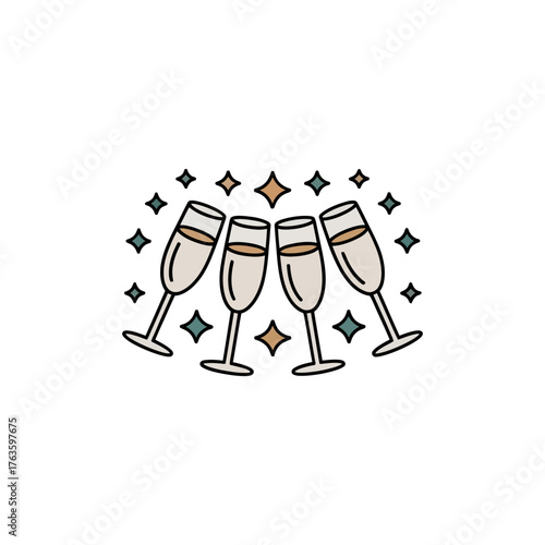 festive toast illustration, champagne flutes clinking, star sparkles, celebration without alcohol, wellness party theme, minimal outlined vector design