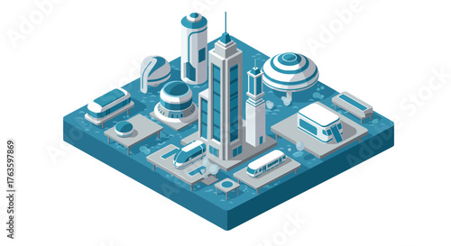 Futuristic isometric cityscape with modern buildings and transportation