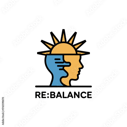 Rebalance mindset symbol, profile head with sun rays, storm cloud contrast, mental health balance, therapy support, bold vector