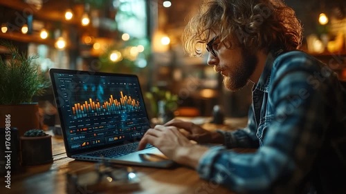 Focused man working on laptop in cozy caf? setting