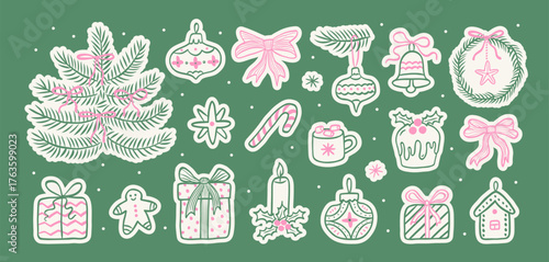 Christmas hand drawn vintage doodle sticker set in line sketch style. Christmas tree, gift, star, pink bows, candy cane, tree toys, cacao, snowflake, holly. Whimsical retro decor.Vector illustration.