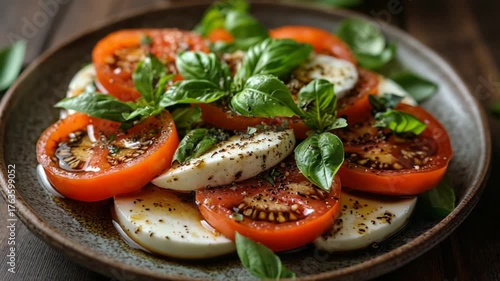 Fresh Caprese Salad with Tomatoes and Basil Leaves