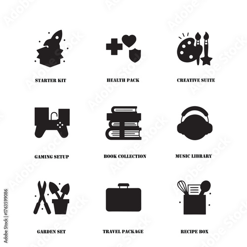 Black Vector Icons for Diverse Lifestyle Bundles and Activity Kits.