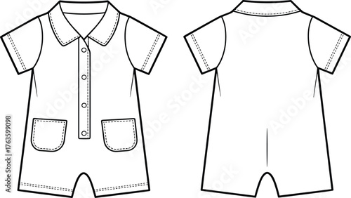 Technical Fashion Flat Sketch of a Men's V-Neck Cardigan Sweater, Button Front Closure, Long Sleeves with Rib Cuffs and Four Patch Pockets, Vector.