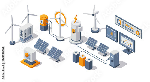 Isometric renewable energy concept with solar wind panels and power grid