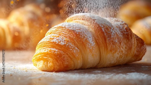 Freshly baked croissant dusted with powdered sugar