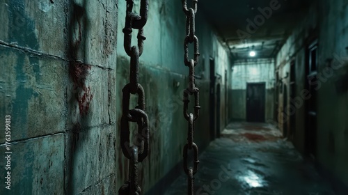 Haunted asylum with rusty chains hanging from the ceiling and bloodstained walls echoing with faint screams in the dark