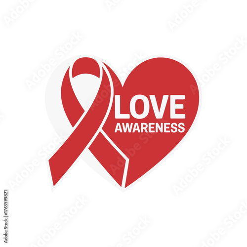 Red ribbon over heart, love awareness message, solidarity and care design, healthcare support emblem, nonprofit outreach vector