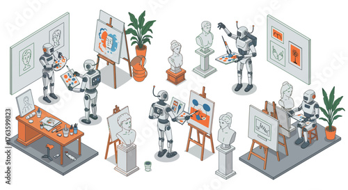 Robots engaged in various artistic activities in a creative studio setting