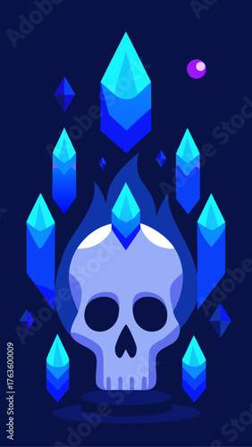 Mysterious skull surrounded by glowing blue crystals and flames