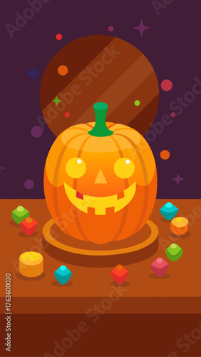 Happy jack o lantern with colorful candies and mirror reflection