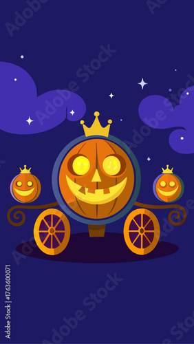 Whimsical halloween pumpkin carriage with crown and stars