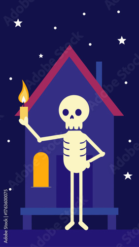 Skeleton holding a candle in front of a haunted house at night
