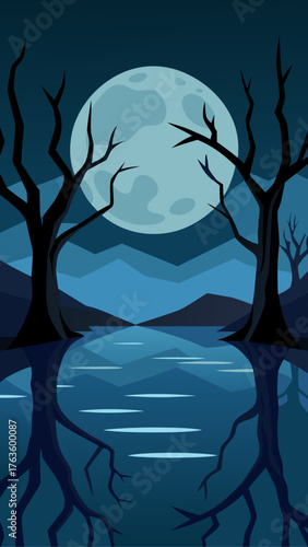 Spooky night landscape with full moon and bare trees reflected in water