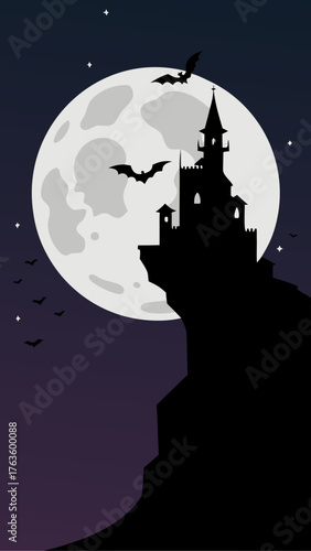 Spooky castle silhouette on a cliff under a full moon with bats
