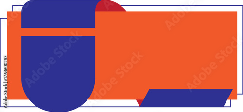 Main Body: A large orange rectangular shape dominates the right side of the image.
Left Element: A blue, curved shape with a red ribbon-like detail is positioned on the left side, partially overlappin