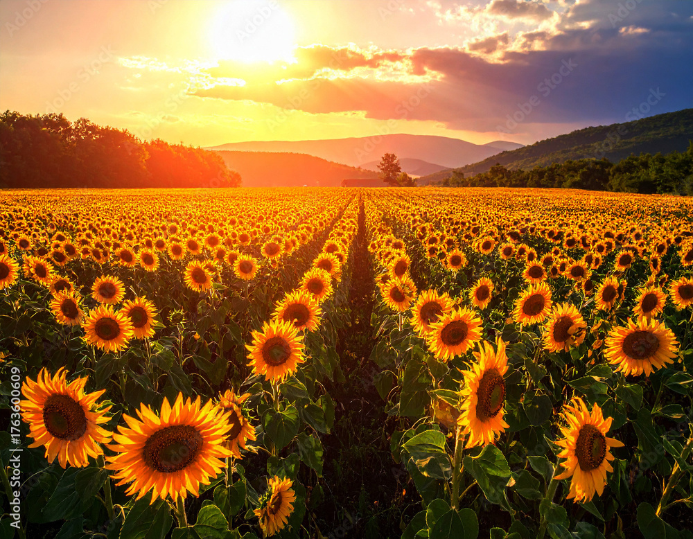 Fototapeta premium Sunflower fields bathed in golden sunlight create a stunning agricultural landscape near the mountains