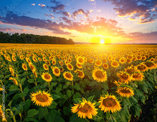 Sunflower field under a bright sky at sunset with vibrant colors and lush greenery in the background