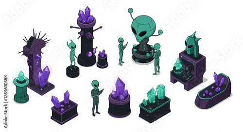 Isometric alien sculpture collection with crystals and futuristic design