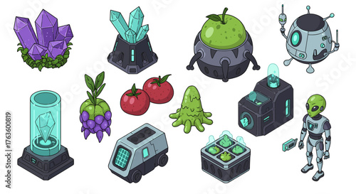 Futuristic sci-fi elements with alien robotics and space agriculture