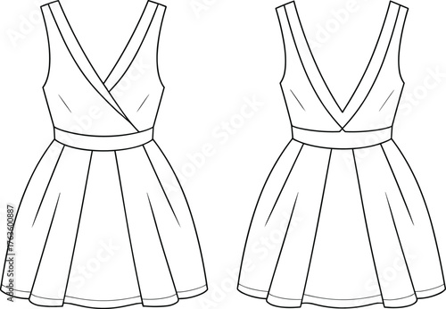 Technical Fashion Flat Sketch of a Sleeveless Mini Wrap Dress with Plunging V-Neckline, Waistband Detail, Flared Skirt, Women's Apparel Vector Outline.