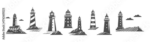 lighthouse silhouettes collection, coast navigation, beacon sea ocean maritime