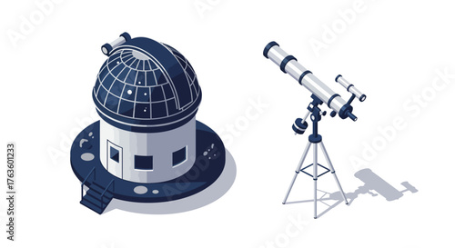 Observatory and telescope isometric design with dome and tripod