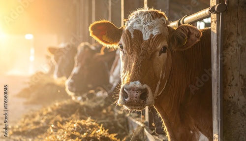 Cows in a barn, sunlight streaming, focus on a brown and white cow