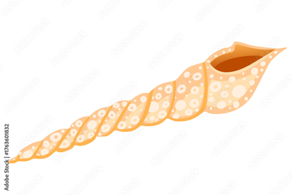 Obraz premium Orange and yellow spiral shell with white ring patterns and dots. Warm gradient from peach to amber. Textured surface with decorative circular ornament design. Vector illustration on white