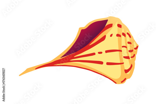 Yellow and red conical shell with geometric stripe patterns. Warm gradient from golden yellow to deep burgundy interior. Angular decorative elements on textured surface. Vector illustration