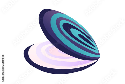 Blue and purple striped shell with concentric pattern. Gradient from navy to turquoise with light pink accents. Opened bivalve composition showing interior layers. Vector illustration on white