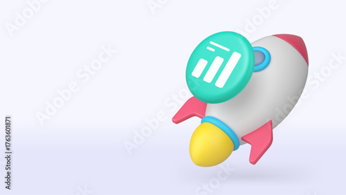 Startup business success strategy analyzing 3d icon banner copy space vector illustration. Start new project product marketing management efficiency productivity analysis campaign development