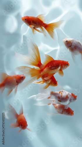 Colorful goldfish swimming in clear blue water at a tranquil pond