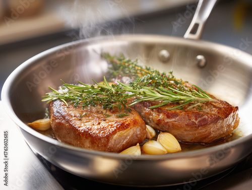 Succulent steak cooking in a skillet with fresh herbs