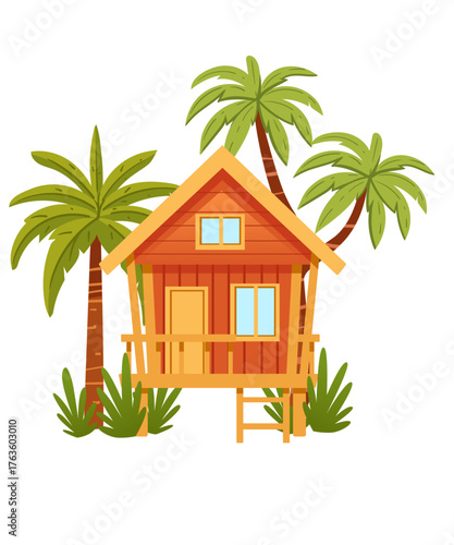Red and orange beach bungalow on stilts with peaked yellow roof surrounded by palm trees. Tropical island vacation home with deck and stairs. Warm colors design. Vector illustration isolated on white