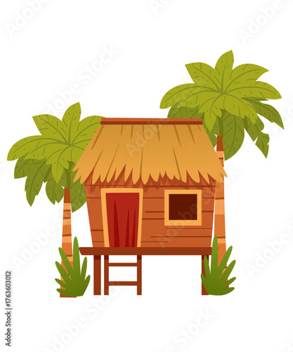 Orange wooden beach hut on stilts with thatched roof surrounded by palm trees. Traditional tropical island cottage with ladder access. Rustic vacation home design. Vector illustration isolated on whit