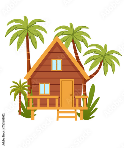 Brown A-frame beach house on stilts with deck and stairs surrounded by four palm trees. Tropical vacation bungalow with yellow accents. Island resort architecture. Vector illustration isolated