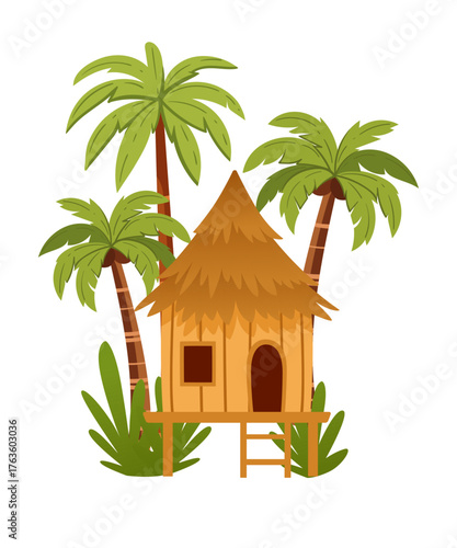 Yellow beach bungalow on stilts with conical thatched roof surrounded by three palm trees. Traditional tropical island hut with platform and ladder. Warm golden tones. Vector illustration on white