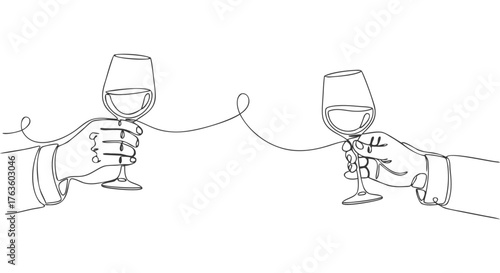 A continuous line drawing depicting two hands holding wine glasses in a toast, created with a single line