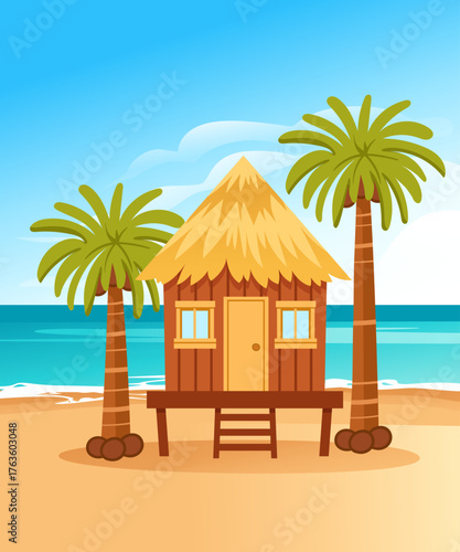 Brown beach bungalow on stilts with yellow thatched roof. Two tall palm trees with coconuts at base. Wooden ladder and platform. Sandy tropical island scene. Vector illustration isolated on white