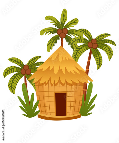 Woven basket-style round hut with thatched roof and coconut palms. Traditional tropical island dwelling with mixed palm leaf patterns. Beach architecture design. Vector illustration isolated on white